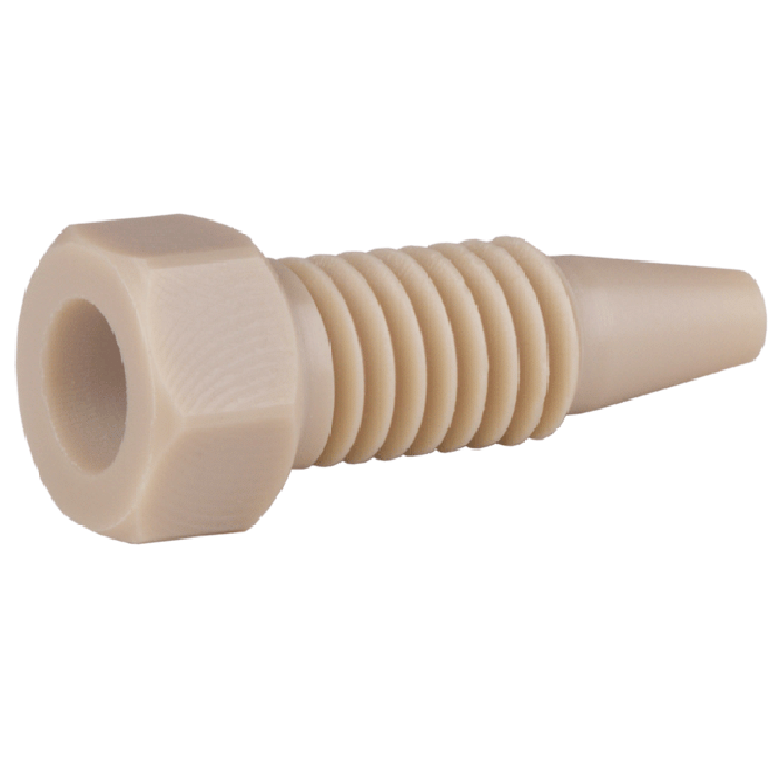 Tubing Connector Fittings, High Pressure, One Piece, 1/16, PEEK, Natural, Small Hex Head, Short Length and 10-32 Screw Threads. Wrench Tighten