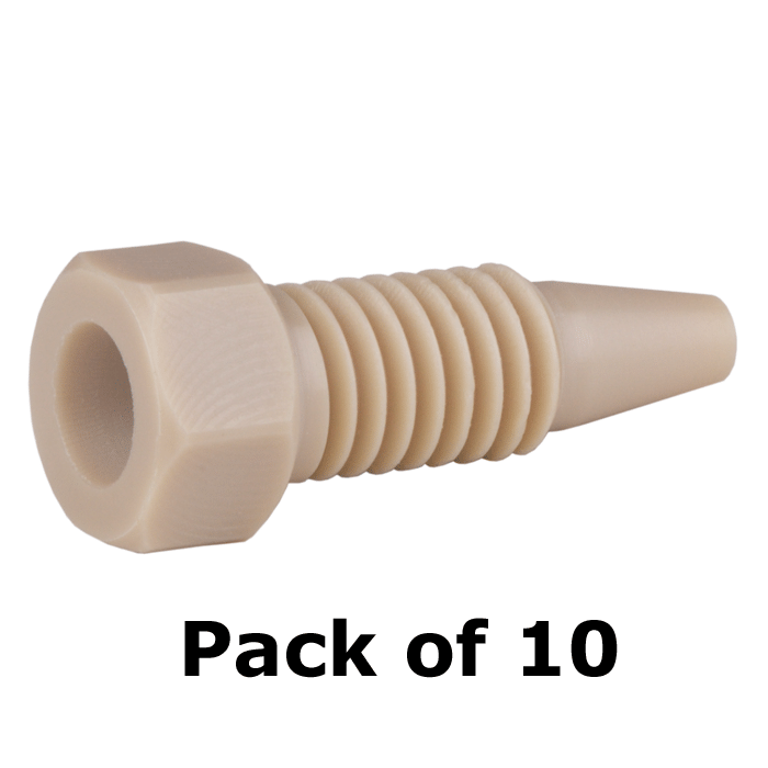 Tubing Connector Fittings, High Pressure, One Piece, 1/16, PEEK, Natural, Small Hex Head, Short Length and 10-32 Screw Threads. Wrench Tighten, 10/EA.