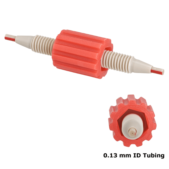 Union, Column Coupler, universal fit 0.13 mm through hole 0.005 inch (0.13 mm) ID tubing. Color coded red. PEEK 1 EA.