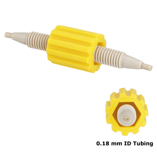 Union, Column Coupler, universal fit 0.18 mm through hole 0.007 inch ID tubing. Color coded yellow. PEEK 1 EA.
