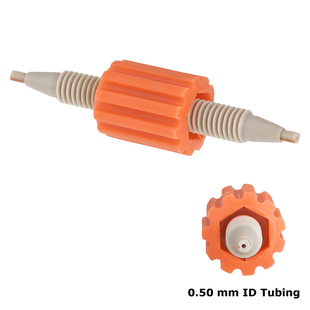 Union, Column Coupler, universal fit 0.50 mm through hole 0.020 inch (0.50 mm) ID tubing. Color coded orange. PEEK 1 EA.