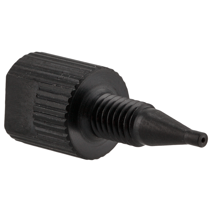 Adapter, for use with Low to Medium Pressure HPLC. Waters female to 10-32 male connection, 0.4 mm bore size. Black PEEK 1 EA.