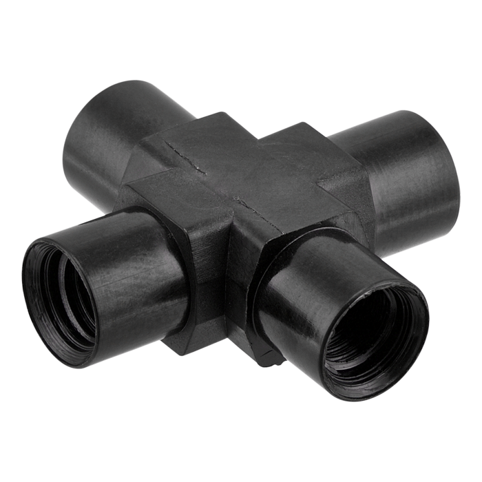 Union, Connector, Cross, High Pressure, 1.0 mm Through Hole with 10-32 Screw Threads, Carbon PEEK Endure, Round with an Internal X. Use with 1/16 Tubing 2/EA.