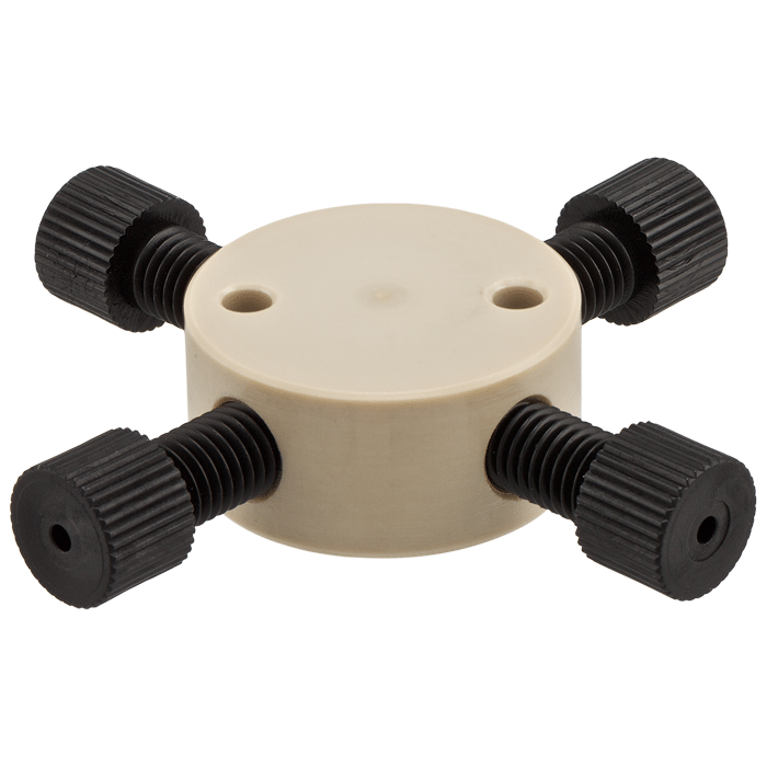 Union, Connector Kit, Cross, high pressure, 0.8 mm / 0.031 inches through hole with 10-32 screw threads. PEEK, round with an internal "X" flow pattern. Use with 1/16 inch tubing 1 EA.