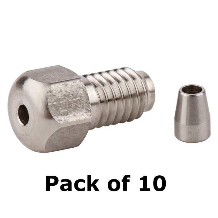 Tubing Connector Fittings, High Pressure, Two Pieces, 1/16th inch, SS hex heads with 10-32 screw threads and matching single cone ferrules. wrench tighten, 10/PK.