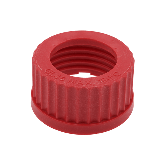 Cap, Screw Top GL45 Threads, Red, Open Hole