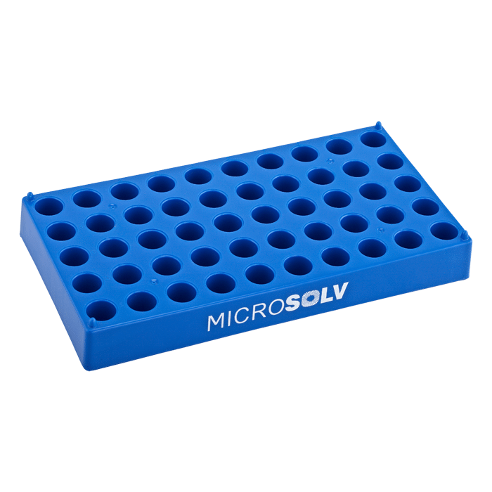 Vial Rack, for 12x32mm, 2ml autosampler vials. polypropylene, blue, with 50 wells that are indexed. Stackable