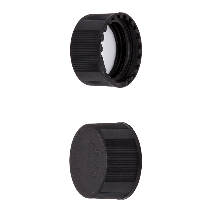 Caps, closed screw top, solid, with a silicone rubber / polypropylene liner, in "knurled", black caps. 100/PK.