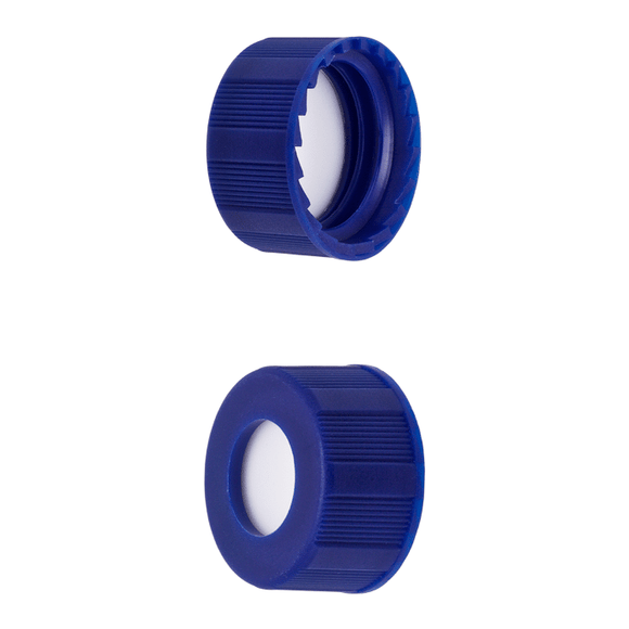 Caps, Screw Top, with Silicone Rubber / Polypropylene Septa, in "knurled", Polypropylene Blue Caps. 1000/CS.
