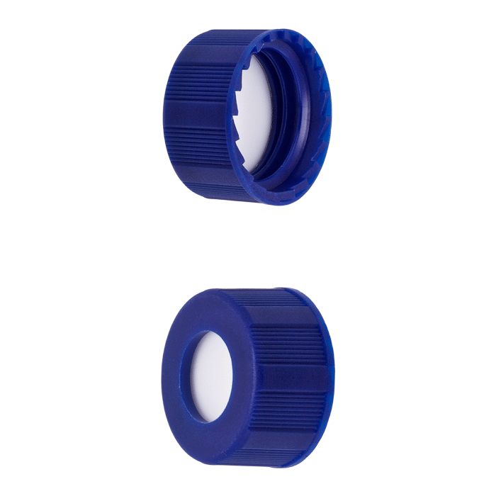 Caps, Screw Top, with Silicone Rubber / Polypropylene Septa, in "knurled", Polypropylene Blue Caps. 100/PK.