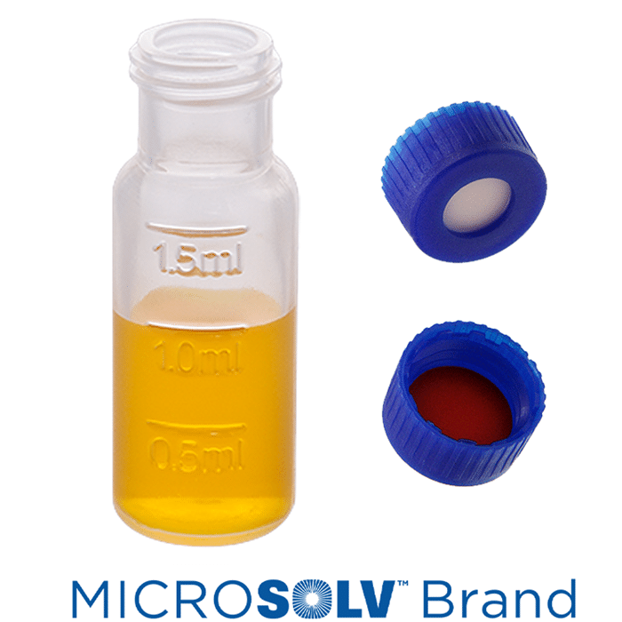 Vial & Cap Kit Includes 100 EA 2ml, Screw Top, Clear Polypropylene Autosampler Vials with Fill lines and 100 EA matching Screw Caps with Silicone Rubber / PTFE Septa, bonded in the Blue Caps,  1/PK.