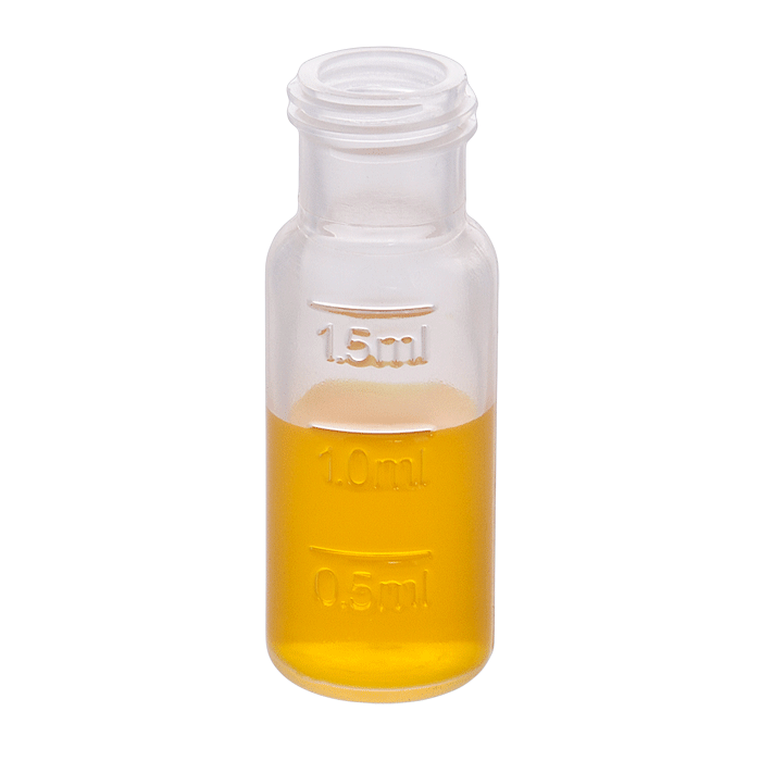 Vials, Screw Top, Plastic. Translucent, 2ml, 9-425mm threads, 12x32mm outer dimensions. For use as an autosampler vial, 100/PK.