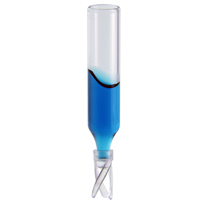 Inserts, Low Volume for Vials, Glass. Clear, 700ul fill volume with a conical, precision point and 8x40mm outer dimensions with plastic spring attached. For use in 4ml autosampler vials. 100/PK.