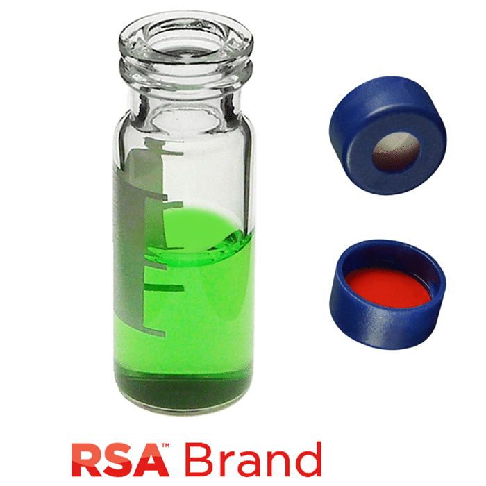 Vial & Cap Kit includes 100 EA 2ml, Snap Top, Clear RSA™ Autosampler Vials with Write-On Patch and fill lines and 100 EA matching Snap Caps with White Silicone Rubber / Red PTFE Soft-Guard Septa, bonded in the Blue Caps. RSA Brand  1 PK.