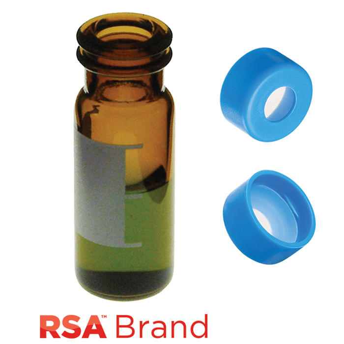 Vial & Cap Kit includes 100 EA 2ml, Snap Top, Amber RSA™ Autosampler Vials with Write-On Patch and fill lines and 100 EA matching Snap Caps with Silicone Rubber / PTFE, ultra-pure Septa, fitted in the Light Blue Caps. RSA Brand  1 PK.