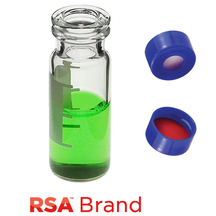 Vial & Cap Kit includes 100 EA 2ml, Snap Top, Clear RSA™ Autosampler Vials with Write-On Patch and fill lines and 100 EA matching Snap Caps with Silicone Rubber / PTFE Septa, fitted in the Blue Caps, RSA Brand  1/PK.