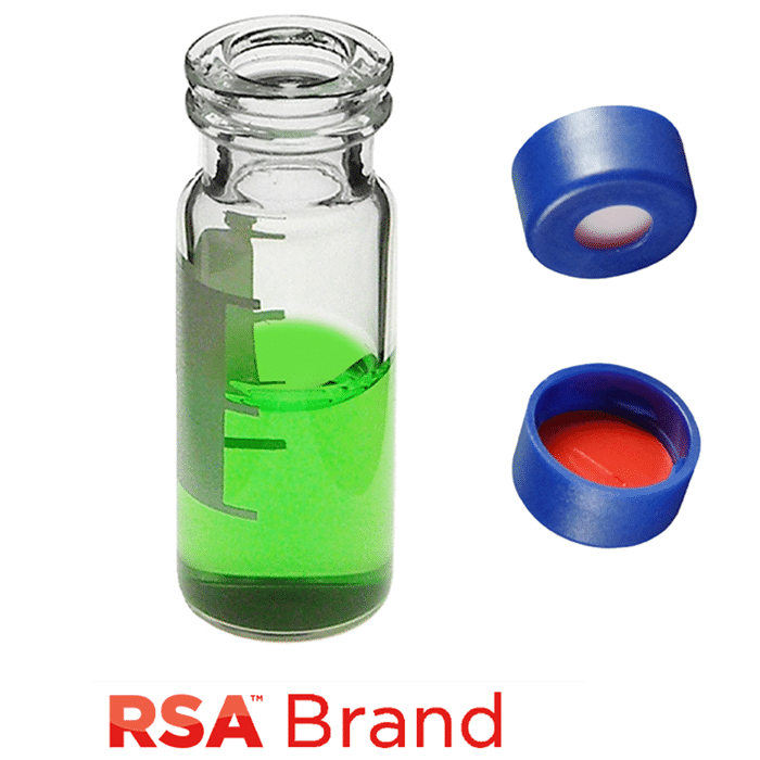 Vial & Cap Kit includes 100 EA 2ml, Snap Top, Clear RSA™ Autosampler Vials with Write-On Patch and fill lines and 100 EA matching Snap Caps with White Silicone Rubber / Red PTFE Pre-Slit Soft-Guard Septa, bonded in the Blue Caps. RSA Brand  1 PK.