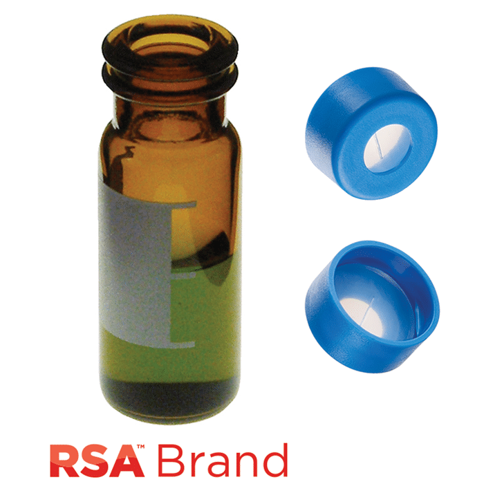 Vial & Cap Kit includes 100 EA 2ml, Snap Top, Amber RSA™ Autosampler Vials with Write-On Patch and fill lines and 100 EA matching Snap Caps with Silicone Rubber / PTFE Pre-Slit, ultra-pure Septa, fitted in the Light Blue Caps. RSA Brand  1 PK.