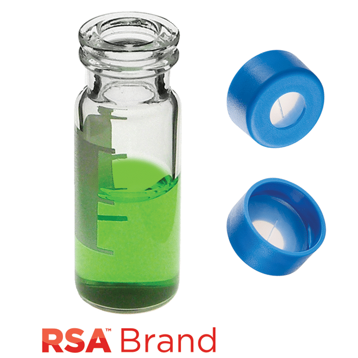 Vial & Cap Kit includes 100 EA 2ml, Snap Top, Clear RSA™ Autosampler Vials with Write-On Patch and fill lines and 100 EA matching Snap Caps with Silicone Rubber / PTFE Pre-Slit, ultra-pure Septa, fitted in the Light Blue Caps. RSA Brand  1 PK.