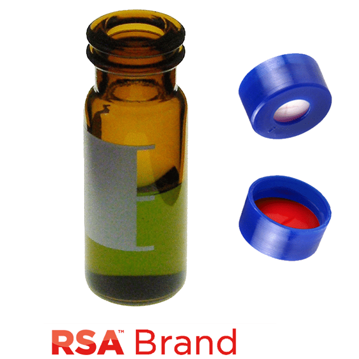 Vial & Cap Kit includes 100 EA 2ml, Snap Top, Amber RSA™ Autosampler Vials with Write-On Patch and fill lines and 100 EA matching Snap Caps with Silicone Rubber / PTFE Pre-Slit Septa, fitted in the Blue Caps, RSA Brand  1 PK.