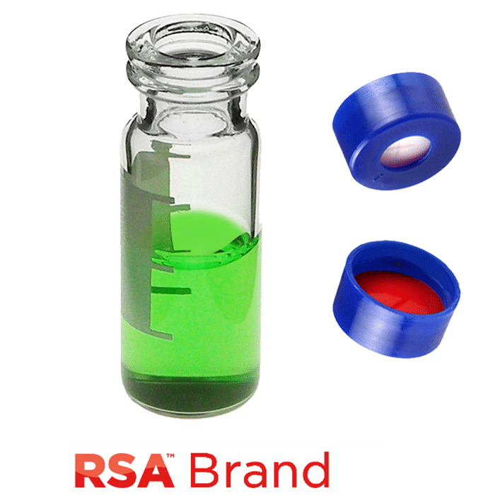 Vial & Cap Kit includes 100 EA 2ml, Snap Top, Clear RSA™ Autosampler Vials with Write-On Patch and fill lines and 100 EA matching Snap Caps with Silicone Rubber / PTFE Pre-Slit Septa, fitted in the Blue Caps, RSA Brand  1 PK.
