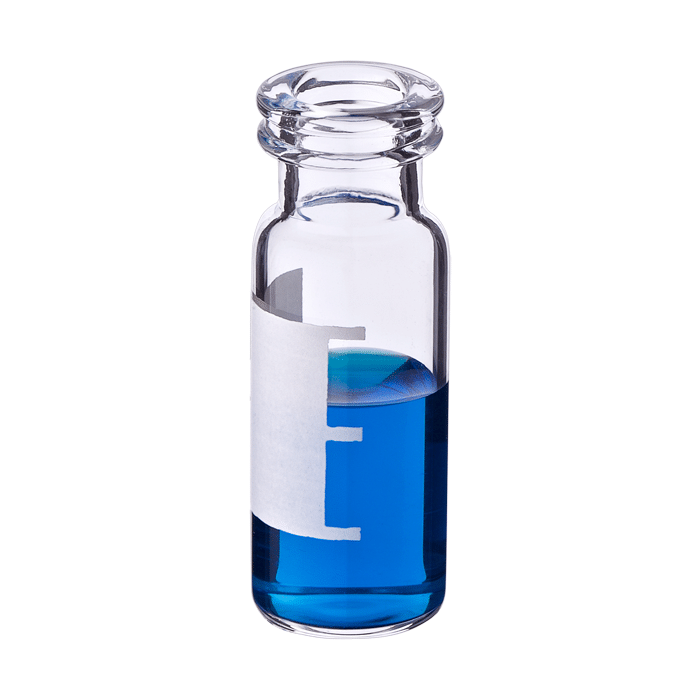 Vials, Snap Top, Glass. Clear, 2ml, with Write-On Patch and fill lines. An 11mm snap-ring and 12x32mm outer dimensions. For use as an autosampler vial. RSA Brand. 100/PK