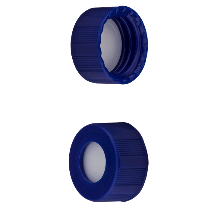 Caps, Screw Top, with White Silicone Rubber / White PTFE, ultra-low bleed Septa, bonded in "knurled", polypropylene, Dark Blue Caps. For use with 9-425mm thread, 12x32mm autosampler vials. 100/PK