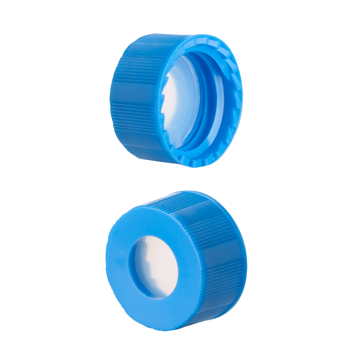 Caps, Screw Top, with Silicone Rubber / PTFE, ultra-pure Septa, fitted in "knurled", polypropylene, Light Blue Caps. For use with 9-425mm thread, 12x32mm autosampler vials, 1000/CS.
