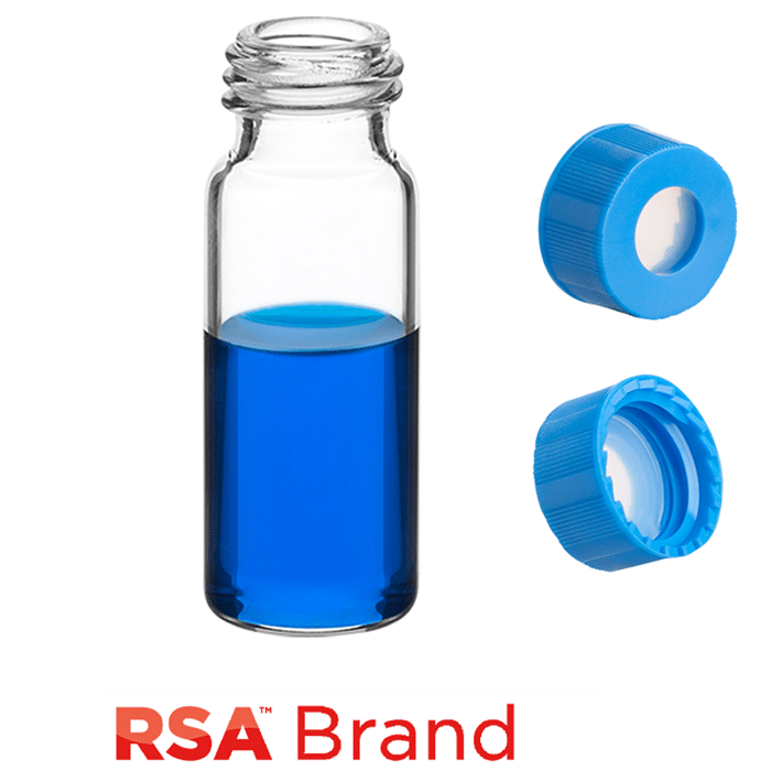 Vial & Cap Kit Includes 100 EA 2ml, Screw Top, Clear RSA™ Autosampler Vials and 100 EA matching Screw Caps with Clear AQR Silicone Rubber / Clear PTFE, ultra-pure Septa, fitted in the Light Blue Caps. RSA Brand  1 PK.