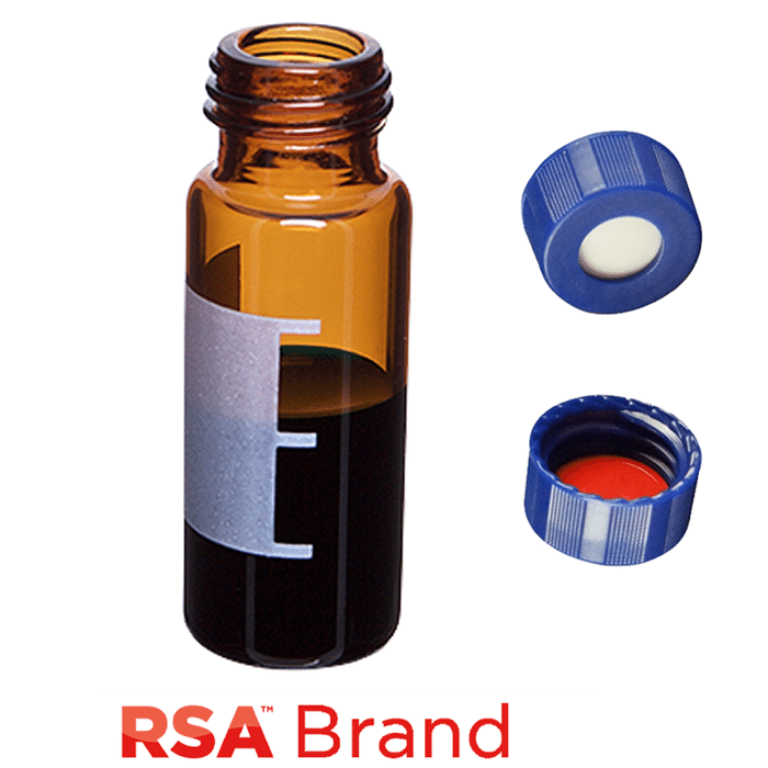 Vial & Cap Kit Includes 100 EA 2ml, Screw Top, Amber RSA™ Autosampler Vials with Write-On Patch and fill lines and 100 EA matching Screw Caps with White Silicone Rubber / Red PTFE Soft-Guard Septa, bonded in the Blue Caps. RSA Brand  1 PK.