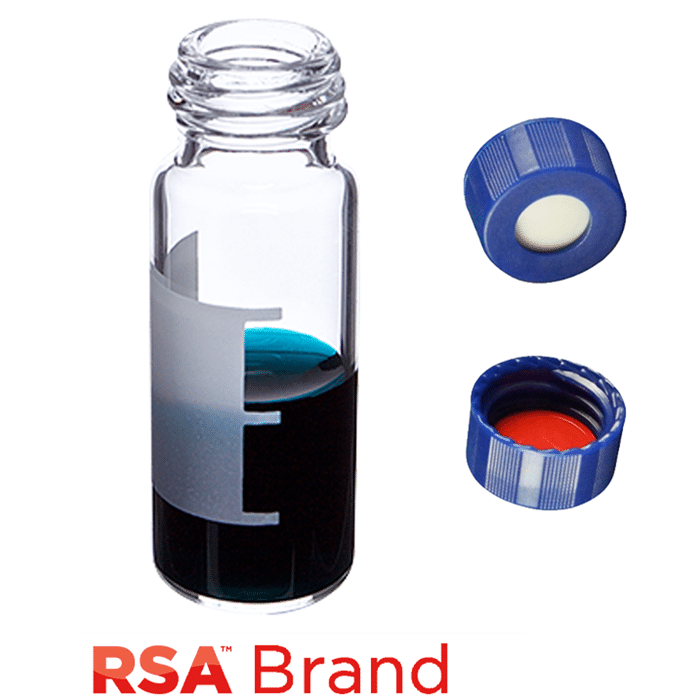 Vial & Cap Kit Includes 100 EA 2ml, Screw Top, Clear RSA™ Autosampler Vials with Write-On Patch and fill lines and 100 EA matching Screw Caps with White Silicone Rubber / Red PTFE Soft-Guard Septa, bonded in the Blue Caps. RSA Brand  1 PK.
