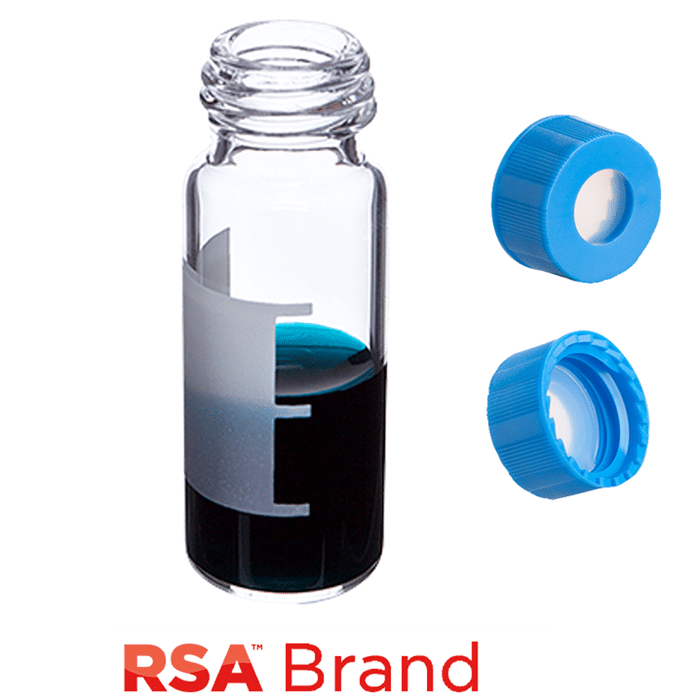 Vial & Cap Kit Includes 100 EA 2ml, Screw Top, Clear RSA™ Autosampler Vials with Write-On Patch and fill lines and 100 EA matching Screw Caps with Clear AQR Silicone Rubber / Clear PTFE, ultra-pure Septa, fitted in the Light Blue Caps. RSA Brand  1 PK.