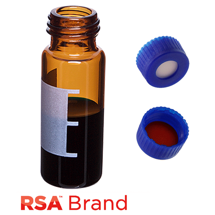 Vial & Cap Kit Includes 100 EA 2ml, Screw Top, Amber RSA™ Autosampler Vials with Write-On Patch and fill lines and 100 EA matching Screw Caps with Silicone Rubber / PTFE Septa, bonded in the Blue Caps, RSA Brand  1 PK.