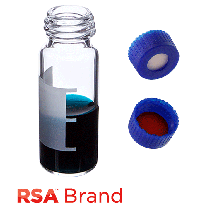 Vial & Cap Kit Includes 100 EA 2ml, Screw Top, Clear RSA™ Autosampler Vials with Write-On Patch and fill lines and 100 EA matching Screw Caps with Silicone Rubber / PTFE Septa, bonded in the Blue Caps, RSA Brand  1 PK.