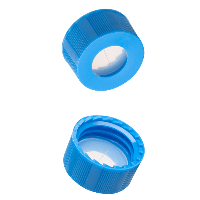 Caps, Screw Top, with Silicone Rubber / PTFE, ultra-pure, Pre-Slit Septa, fitted in "knurled", polypropylene, Light Blue Caps. For use with 9-425mm thread, 12x32mm autosampler vials, 100/PK.