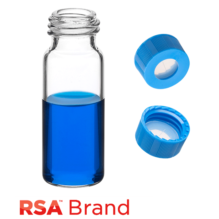 Vial & Cap Kit Includes 100 EA 2ml, Screw Top, Clear RSA™ Autosampler Vials and 100 EA matching Screw Caps with Clear AQR Silicone Rubber / Clear PTFE, ultra-pure, Pre-Slit Septa, fitted in the Light Blue Caps. RSA Brand  1 PK.