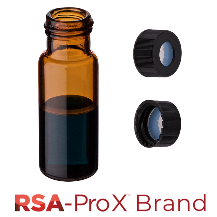 Vial & Cap Kit. 100 EA 2ml, Screw Top, Hydrophobic, Amber Autosampler Vials and matching Black Caps with Clear Pre-Slit Silicone Rubber / PTFE Septa. RSA-Pro X Brand. 1 PK.