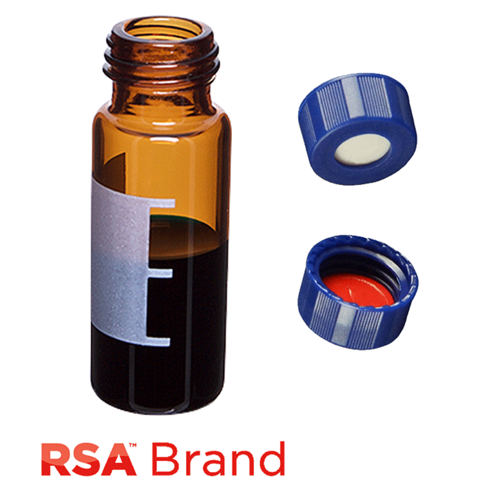 Vial & Cap Kit Includes 100 EA 2ml, Screw Top, Amber RSA™ Autosampler Vials with Write-On Patch and fill lines and 100 EA matching Screw Caps with White Silicone Rubber / Red PTFE Pre-Slit Soft-Guard Septa, bonded in the Blue Caps. RSA Brand  1 PK.