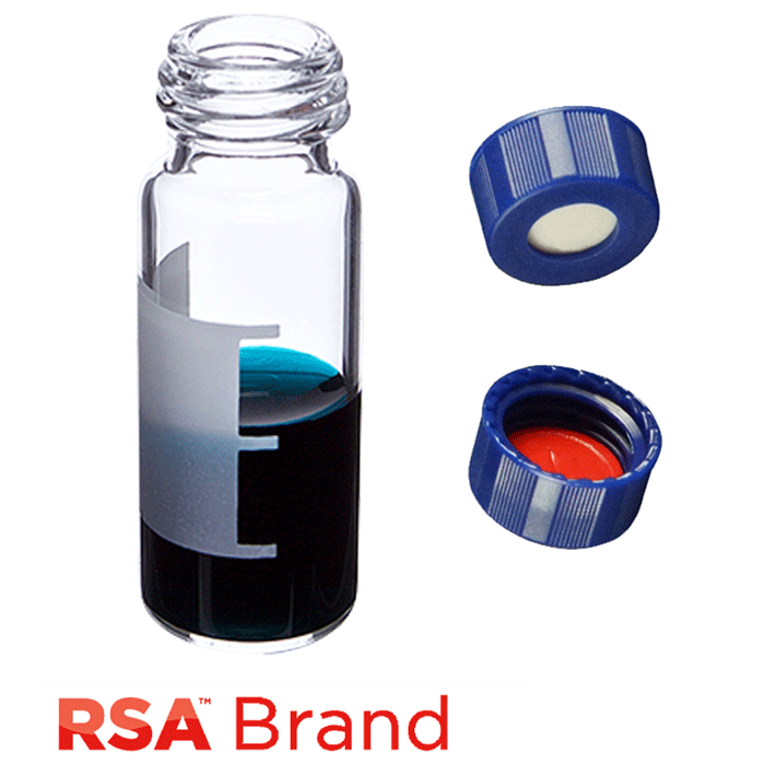 Vial & Cap Kit Includes 100 EA 2ml, Screw Top, Clear RSA™ Autosampler Vials with Write-On Patch and fill lines and 100 EA matching Screw Caps with White Silicone Rubber / Red PTFE Pre-Slit Soft-Guard Septa, bonded in the Blue Caps. RSA Brand  1 PK.