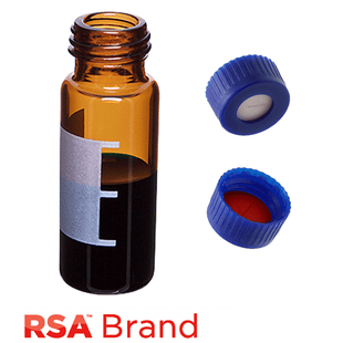 Vial & Cap Kit Includes 100 EA 2ml, Screw Top, Amber RSA™ Autosampler Vials with Write-On Patch and fill lines and 100 EA matching Screw Caps with Silicone Rubber / PTFE Pre-Slit Septa, bonded in the Blue Caps, RSA Brand  1 PK.