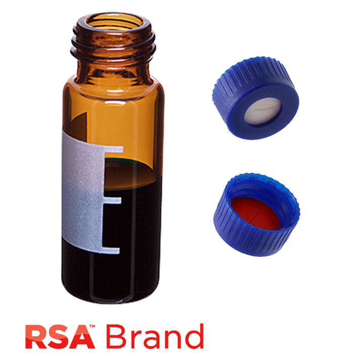 Vial & Cap Kit Includes 100 EA 2ml, Screw Top, Amber RSA™ Autosampler Vials with Write-On Patch and fill lines and 100 EA matching Screw Caps with Silicone Rubber / PTFE Pre-Slit Septa, bonded in the Blue Caps, RSA Brand  1 PK.