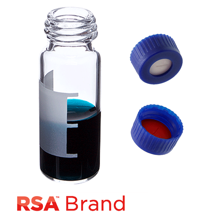 Vial & Cap Kit Includes 100 EA 2ml, Screw Top, Clear RSA™ Autosampler Vials with Write-On Patch and fill lines and 100 EA matching Screw Caps with Silicone Rubber / PTFE Pre-Slit Septa, bonded in the Blue Caps, RSA Brand  1 PK.