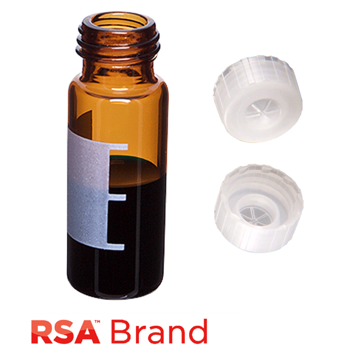 Vial & Cap Kit Includes 100 EA 2ml, Screw Top, Amber RSA™ Autosampler Vials with Write-On Patch and fill lines and 100 EA matching Single injection, Screw Caps with a thinned penetration point, Natural color. RSA Brand  1 PK.