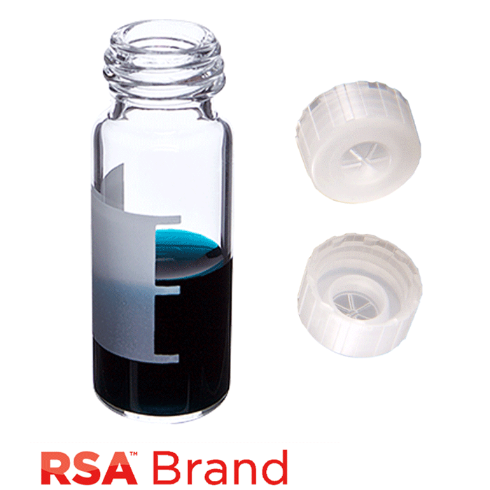 Vial & Cap Kit Includes 100 EA 2ml, Screw Top, Clear RSA™ Autosampler Vials with Write-On Patch and fill lines and 100 EA matching Single injection, Screw Caps with a thinned penetration point, Natural color. RSA Brand  1 PK.