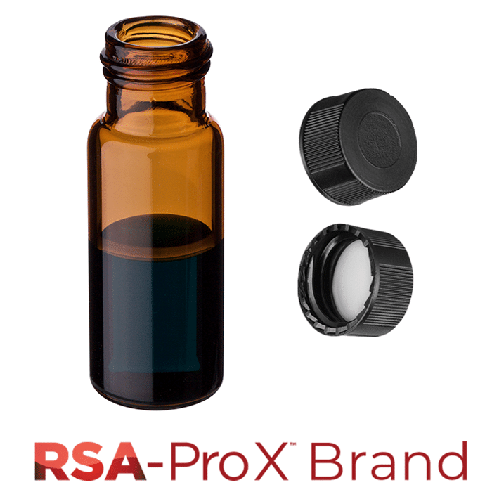 Vial & Cap Kit. 100 EA 2ml, Screw Top, Hydrophobic, Amber Autosampler Vials and matching Solid Black Caps with Clear Silicone Rubber / PTFE Liner. RSA-Pro X Brand. 1 PK.