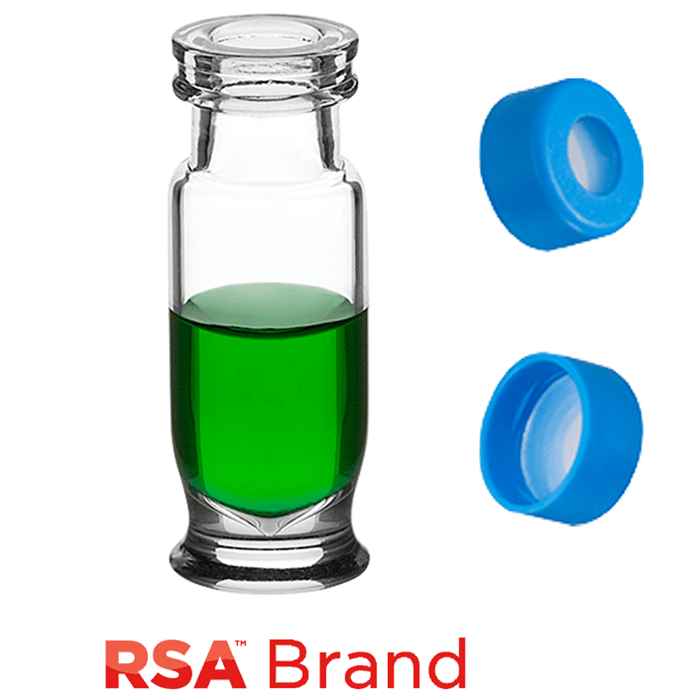 Vial & Cap Kit includes 100 EA 1.8ml, Maximum Recovery, Snap Top, Clear RSA™ Autosampler Vials and 100 EA matching Snap Caps with Clear AQR Silicone Rubber / Clear PTFE, ultra-pure Septa, fitted in the Light Blue Caps. RSA Brand  1 PK.