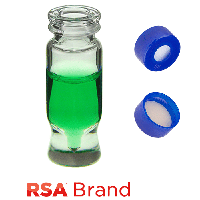 Vial & Cap Kit includes 100 EA 1.2ml, MRQ, Snap Top, Clear RSA™ Autosampler Vials and 100 EA matching Snap Caps with White Silicone Rubber / Tan PTFE Septa, fitted in the Blue Caps. RSA Brand  1 PK.