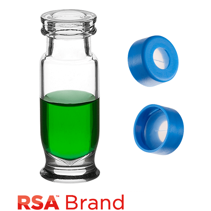 Vial & Cap Kit includes 100 EA 1.8ml, Maximum Recovery, Snap Top, Clear RSA™ Autosampler Vials and 100 EA matching Snap Caps with Clear AQR Silicone Rubber / Clear PTFE Pre-Slit, ultra-pure Septa, fitted in the Light Blue Caps. RSA Brand  1 PK.