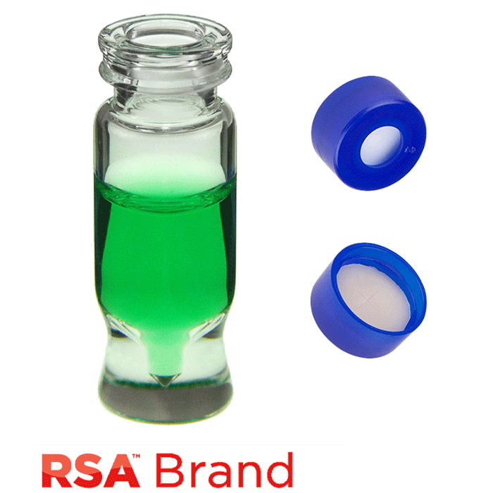 Vial & Cap Kit includes 100 EA 1.2ml, MRQ, Snap Top, Clear RSA™ Autosampler Vials and 100 EA matching Snap Caps with White Silicone Rubber / Tan PTFE Pre-Slit Septa, fitted in the Blue Caps. RSA Brand  1 PK.