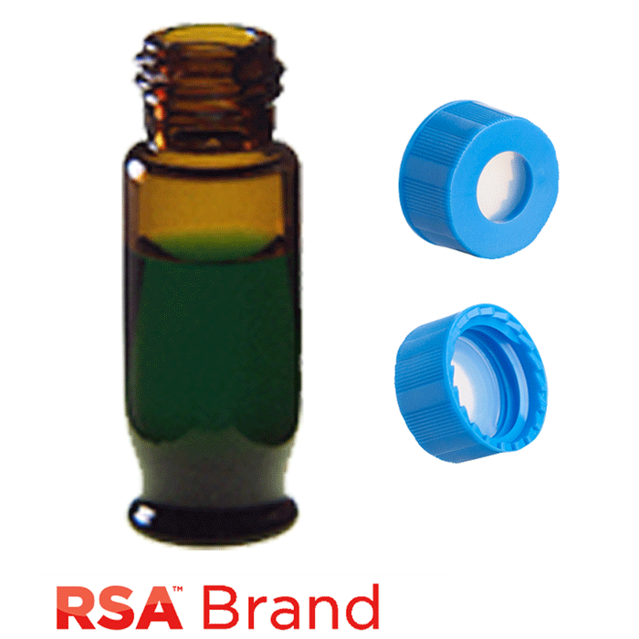 Vial & Cap Kit Includes 100 EA 1.8ml, Maximum Recovery, Screw Top, Amber RSA™ Autosampler Vials and 100 EA matching Screw Caps with Clear AQR Silicone Rubber / Clear PTFE, ultra-pure Septa, fitted in the Light Blue Caps. RSA Brand  1 PK.